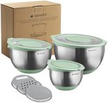 Navaris Stainless Steel Mixing Bowls with Graters (Set of 3) - Baking or Cooking Bowl Set with Lids, Grater Attachments, Non-Slip Silicone Base - Mint Green