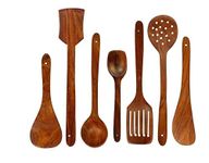 Vudy 7 PCS Wooden Spoons and Spatula for Cooking, Sleek, Sold and Non-Stick Cookware for Home Use and Kitchen Décor