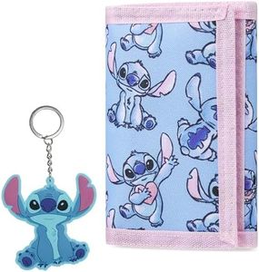 Disney Stitch Kids Wallet and Keyring Gift Set Cute Trifold Wallet with Coin Purse Card Slots and Keychain Stitch Gifts, Blue Stitch, One Size, Modern
