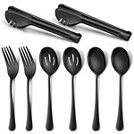 Homikit 8-Piece Stainless Steel Large Serving Spoons, Slotted Serving Spoons, Serving Forks, Serving Tongs, Black Metal Catering Banquet Buffet Party Serving Utensils, Mirror Polished, Dishwasher Safe