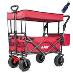 AUKAR Heavy Duty Collapsible Folding Wagon Utility Outdoor Garden Cart with 7’’All-Terrian Wheels Adjustable Push and Pull Handles for Shopping, Picnic, Beach, Camping, Sports (Red)