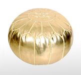 Moroccan Pouf Ottoman Footstool (Leather) Genuine Hand-Stitched Seating | Living Room, Bedroom, Sitting Area (Stuffed, Gold)