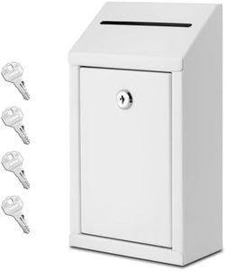 EIENHOSHI Metal Donation Box with Lock, Wall Mounted, Suggestion Box with 4 Iron Keys, White, Cash Drop Box with Slot, 1-Pack