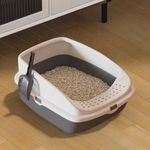 Cat Litter Tray Box, Litter Box, Plastic Cat Open Top Litter Tray with Free Scoop Kitten Detachable Rim Easy Cleaning,49 x 38 x 23cm (Dark Grey)
