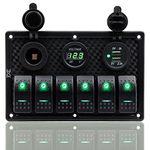 FXC Waterproof Marine Boat Rocker Switch Panel 6 Gang with Dual USB Slot Socket + Cigarette Lighter + Digital Voltage Display LED Light for Car Rv Vehicles Truck (6 Gang Green Light)