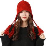 IBLUELOVER Women Peruvian Beanie Hat Knitted Crochet Laplander Cap with Tassels Earflap Trapper Bomber Hat Winter Warm Slouchy Skull Beanie Cap Bobble Hat Wine red