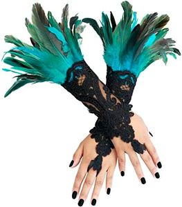 UQJE Women's Cyan Feather Lace Long Gloves Witch Spider Web Wrist for Halloween Pack of 2