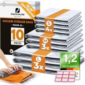 PACKDUDE Sacchetti Sottovuoto Vestiti Viaggio I 10 PEZZI I Buste Sottovuoto Vestiti da Viaggio senza Valvola I Sacchetti Sottovuoto Viaggio I Sacchi Sottovuoto da Viaggio per Valigia e Zaino I SET XL