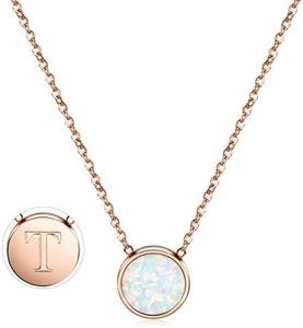 CIUNOFOR Rose Gold Plated Alphabet Opal Pendant Necklace Round Disc Initial Necklace Engraved Letter Necklace with Adjustable Chain Pendant Enhancers for Women and Girls Fashion Style Jewerly,