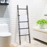 MyGift 58 Inch Decorative Blanket Ladder, Rustic Torched Wood with 5 Industrial Metal Rungs, Wall Leaning Towel Rack Holder, Durable and Easy to Assemble