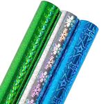 LeZakaa Holographic Foil Wrapping Paper - Mini Roll - Silver Snowflake/Blue Star/Green Geometric Pattern for Christmas, Holiday, Wedding, Birthday - 17 x 120 inches - 3 Rolls (42.5 sq.ft.ttl.)