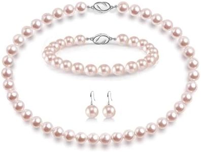 AOOVOO Pink Pearl Necklace Set for Women, 8mm Round Shell Pearl Includes Stunning Bracelet and Dangle Earrings 3 Piece Jewelry, Birthday Wedding Gifts for Her