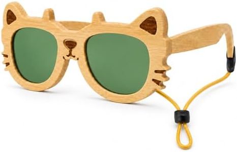 LNOOPZYL Kids Wooden Cat-Shaped Sunglasses with Ears, Wood Frame, Multiple Lens Colors, Ages 2-8, Includes Case, Cloth and Strap (Wood-Frame-Green-Lens)