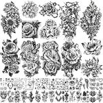 Metuu 40 Sheets Temporary Tattoos for Women Girl Gift or Decoration, Large Black Peony Rose Flowers Lady Waterproof 3D Fake Tattoos Arm Hand Leg Tattoos Stickers（10 Large & 30 Tiny）