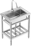 Zstar Free Standing Single Bowl Kitchen Sink w/Faucet & Storage Shelve, Utility Sink with Hot & Cold Hoses, NSF Certificated, Stainless Steel Sink for Laundry Room, Backyard, Restaurant (28 Inch)