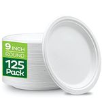 Stack Man 100% Compostable 9 Inch Heavy-Duty Plates [125-Pack] Eco-Friendly Disposable White Bagasse Plate, Made of Natural Sugarcane Fibers - 9" Biodegradable Paper Plates by 9'' Round 10 X 45