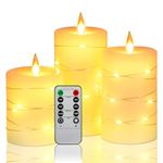 3 Pack Ivory Real Wax Flameless Candles, Realistic Flame LED Taper Candles with Copper String Lights, Remote Control Flickering Lights for Home, Wedding, Holiday Decor