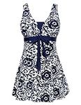 Wantdo Women's Plus Size Swimwear One Piece Tummy Control Swimdress Modest Skirted Swimsuit Navy Porcelain 24-26