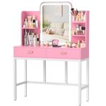 Vanity Desk, Makeup Vanity Desk with Mirrors, Vanity Set with 2 Storage Drawers and Open Shelves, 3 Colors LED Brightness Adjustable Dressing Table, Makeup Desk for Girls and Women, Pink