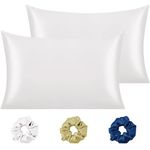 Cloth Fusion Satin Pillow Cover Set of 2 for Hair and Skin with 3 Satin Soft Scrunchies for Women, Satin Pillow Cases with Envelope Closure End (17"X27" Inches, White)