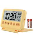 MeesMeek Digital Travel Alarm Clock: Small Bedside LCD Clock with Date Temperature Snooze Backlight 12/24H Weekend Mode and 2 Volume, Desk Clock for Kids Office Bedroom, Battery Included (Yellow)