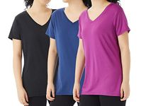 TEX2FIT Women's V-Neck Quick Dry T-Shirts, Workout Tops (Black/Navy/Orchid, M)