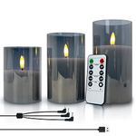 SHEDALED Rechargable Flameless Candles with Timer & Remote Control, Built-in Battery LED Candles, Gray Glass Candles Gift Set, Set of 3 Pillar Flickering Candles of 4.1" 5.1" 6.1" for Home Decor