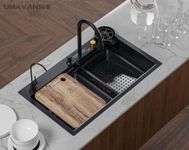 UMAVANSHI Kitchen Sink 304 Grade Stainless Steel Single Bowl HoneyComb Design Handmade Black Color With Waterfall Faucet/RO Faucet/Abs Soap Dispenser/Cup Washer / 1-Drain Basket, (24x18x9 Inches)