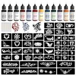 PFARRER Temporary Tattoo Kit12 Bottles Color Temporary Tattoo Ink,49 Big Pcs Stencils Kit for Body Paint DIY Fake Tattoos for Kids(Black*2,Red,Green,Blue,Pink,Grey,Navy,Yellow,Purple,Brown,Orange)