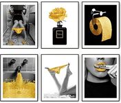 HoozGee Fashion Wall Art Prints Bathroom Decor Set of 6 Gold Glam Glitter Tissue Canvas Posters Pictures Photos Bathroom Artwork Wall Black and White Modern Women Funny Bathroom (8"x10" UNFRAMED)