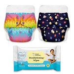 SuperBottoms BASIC - 2 Reusable Cloth Diaper (ASSORTED) |3m-3Yrs & Pack of 40 XtraHydrating™ Wipes FREE | Unscented Baby Wipes, 3.5x extra moisture | Adjustable Organic Diapers for day time (with 2 quick dry pad)