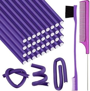 36 Pieces Flexible Foam Curling Rods Twist Foam Hair Roller Bendy Rollers Soft No Heat Hair Rollers and Hair Edge Brush Rat Tail Comb for Women Short, Medium, Long Hair(0.32 x 9.4 Inch,Purple)