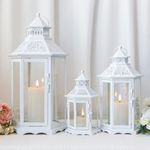 TRIROCKS Set of 3 Decorative Lanterns 46 & 33.5 & 24cm High Large Lantern Vintage Metal Candle Holder with Tempered Glass for Christmas Living Room Garden Patio Event Indoors Outdoors(White)