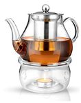 Octavius Borosilicate Glass Teapot/Kettle with Heat Resistant Removable Stainless Steel Infuser and Warmer | 2 Tea Light Candles - 800 ml