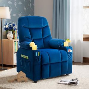 Donut Larger Kids Reclining Chair Velvet Fabric Recliner Sofa Push Back Children Ages 3-12 with Dual Cup Holders and 4 Pockets