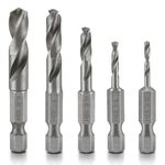 NEIKO 11402A Stubby Drill Bit Set for Metal, 5 Piece 1/4" Quick Change Hex Shank, M2 High Speed Steel for Quick Change, Chucks and Drives Drill Bit Holder Included, Hex Shank Drill Bit Set