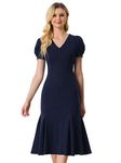 Allegra K V-Neck Dress for Women's Puff Sleeve Elegant Mermaid Midi Dress Dark Blue M