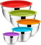 Onader Mixing Bowl Set of 5, Stainless Steel Salad Nesting Bowl with Airtight Lids, Metal Bowls for Baking Serving, Dishwasher Safe & Space-Saving Storage, Size 0.7/1.2/1.6/2.8/4.6QT (Multicolor)