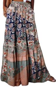 Happy Sailed Holiday Skirts for Women Retro Boho Printed High Waist Elastic Waist A Line Long Flowy Maxi Beach Skirt with Pockets Printed Multicolor Orange XL