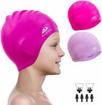 2 Pack Kids Swim Caps for Boys Girls, Durable Silicone Swimming Cap with 3D Ear Pockets for Age 3-15 Toddler Child Youth Teen, Unisex Swim Bath Hats for Short/Long Hair with Ear Plugs Nose Clip-3