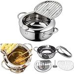 Tempura Deep Fryer Pot,Stainless Steel Deep Fryer Pot with Thermometer and Oil Draining Rack,Japanese Style Tempura Fryer Pan,Super Thick Sole,for French Fries,Fish,Shrimp and Crispy Meat(3.4L,304)