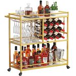 Lifewit Bar Cart for The Home, 3 Tier Drink Cart with Lockable Wheels, 12 Wine Rack and 3 Rows Glass Holders, Liquor Serving Cart for Kitchen Dining Livingroom, 31.6" x 13.1" x 33.9", Gold