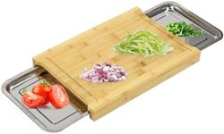 Taylor & Brown Bamboo Organic Wooden Chopping Board Cutting Slicing with 2 Sliding Stainless Steel Trays for Food Prep, Meat, Vegetables & Bread, 30cm x 42cm x 4cm