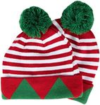 Juvale 2 Pack Christmas Elf Hats for Adults, Striped Holiday Beanies with Green Pom Poms