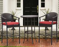 OUTLIVING Rattan Wicker Outdoor Bar Patio Round Table with 2 Chairs Set for Home Graden Balcony 2 Seater Bar Patio Furniture - (Black & Red Cushion)