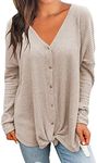 MIHOLL Womens Loose Blouse Long Sleeve V Neck Button Down T Shirts Tie Front Knot Casual Tops (XX-Large, Z- Oatmeal)