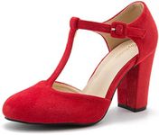 Women's T-Strap Block Chunky Heel Mary Jane Pumps Cut Out Wedding Dress Shoes, Suede Red, 9