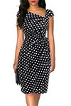 Liyinxi Vintage Cap Sleeves Asymmetrical Neckline Sheath Pencil Wedding Party Summer Midi Black Polka Dot Wrap Dresses (S, L8022-Black Dot)