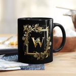 Gift Arcadia Golden Floral Alphabet Letter W Printed Coffee Mug Gift for Girl, boy,Wife,Husband,Girlfriend Boyfriend,Kids,Brother,Sister,Love and Valentines Day - 1pcs, Black, 330ml (AL-W)