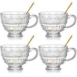 AVLA 4 Pack Glass Coffee Mugs, 16 OZ Clear Tea Cups with Handle and Spoons, Crystal Drinking Glassware for Latte, Cappuccino, Americano, Juice, Hot Beverage, Water, Dishwasher & Microwave Safe